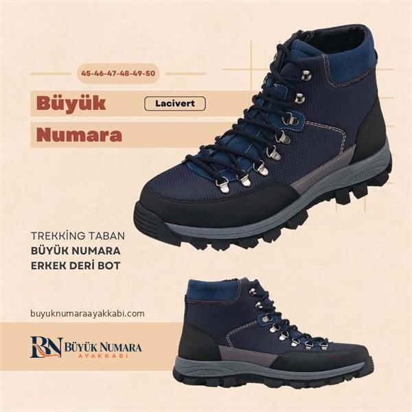 Büyük Numara Ayakkabı AG1071 lacivert botun Gorateks, Extra H kalıp, pedli boğaz ve 6 sabit 2 kancalı bağını sunan tanıtım görseli