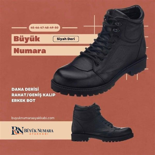 Büyük Numara Ayakkabı YN2022 siyah deri bot tanıtım afişi, geniş Extra H kalıp, sıcak astar ve spor resmî kullanım sunumu detayları