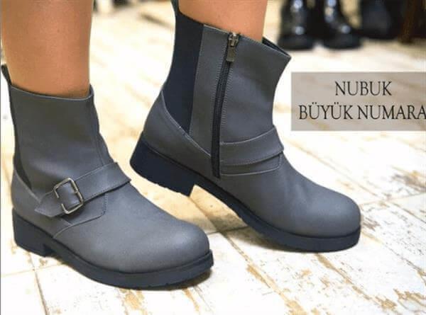 K313-1 Gri Nubuk bot ayakta iç ve dış yan görünüm, iç fermuar ve ayak üstü kemeri