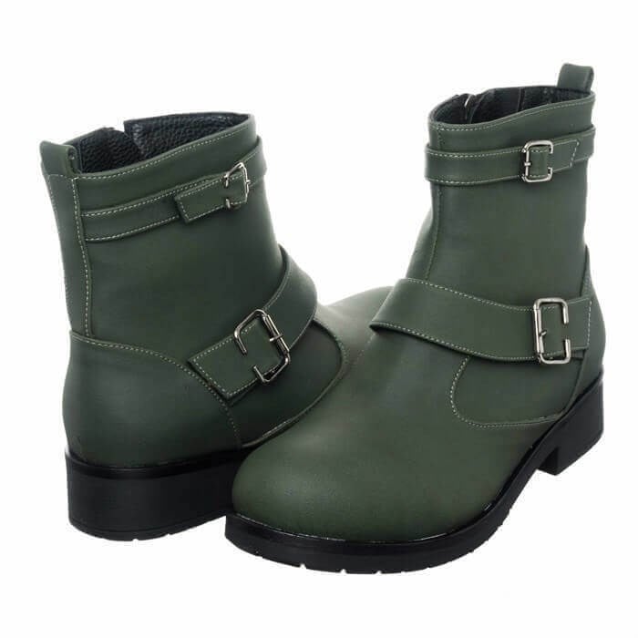 K313-2 Haki Nubuk bot çift açı, tonal haki gövde, gümüş tonlu tokalar ve siyah taban