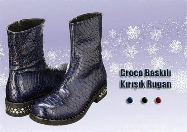 NR1332 lacivert croco baskılı kırışık rugan görünümlü bot çifti ve lacivert, siyah, kırmızı renk örnekleri bir arada