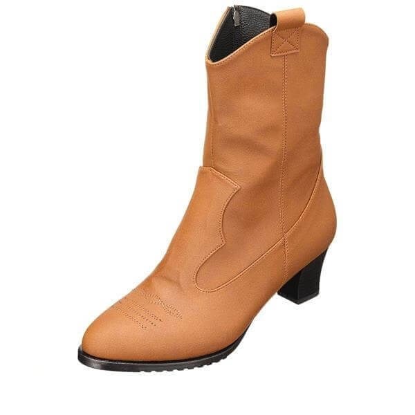 NR1417 taba kadın botun V kesimli orta koncu, tonal Western dikişleri, yuvarlatılmış burunu ve 4 cm siyah topuklu görünümü