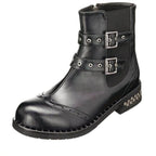 NR1987 siyah büyük numara kadın botun yuvarlak burun, çift tokalı dış yan ve metal topuk detaylı tam önden görünümü