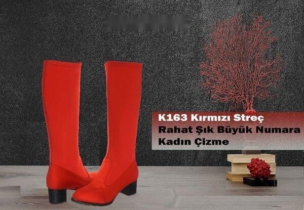 K163 Kırmızı Streç büyük numara kadın çizme tanıtım görseli, çift ürün ve model adı