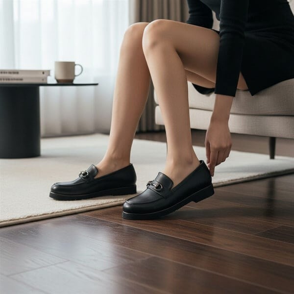 R4014 Siyah kadın loafer çiftinin ayakta görünümü; yuvarlak burunlar, halka detayları ve alçak siyah tabanlar seçiliyor