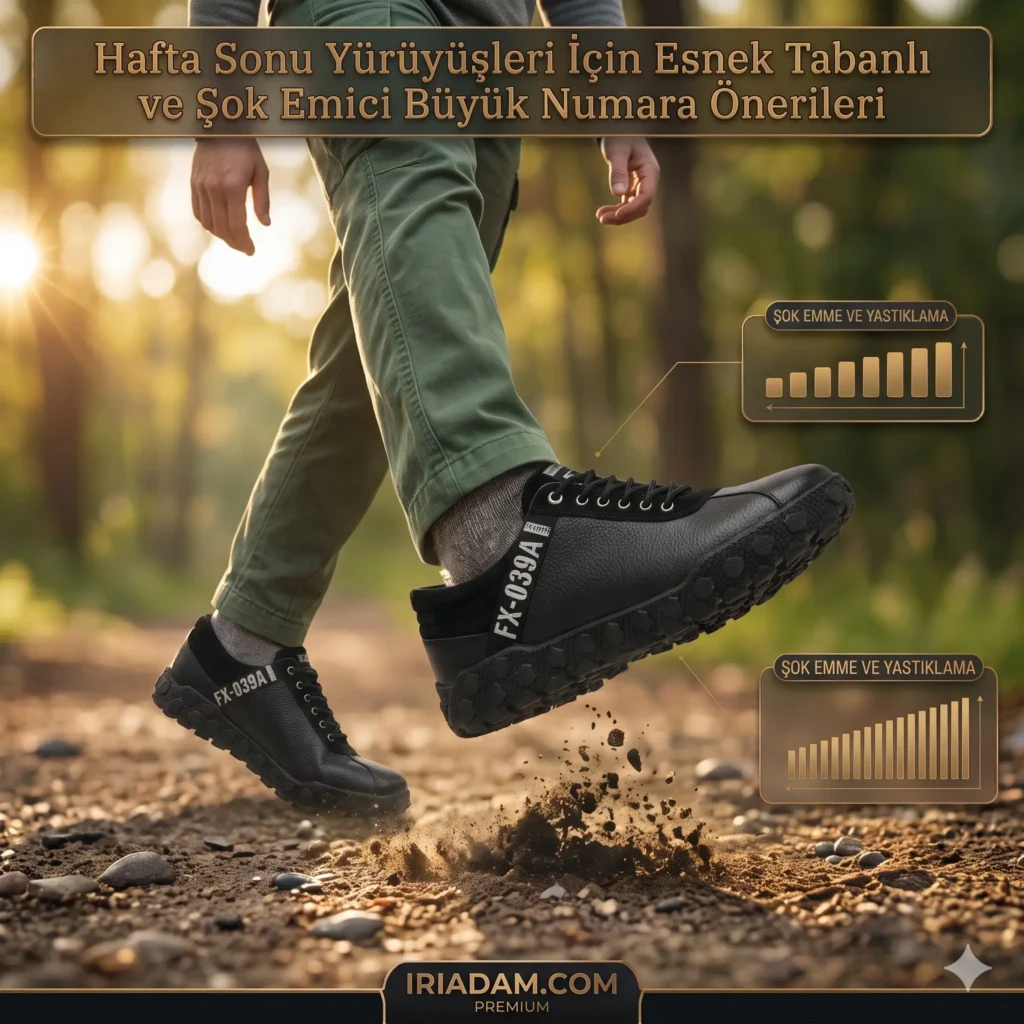 Hafta sonu yürüyüşleri için özel üretilmiş, dizleri yormayan şok emici ve esnek tabanlı büyük numara erkek ayakkabısı.