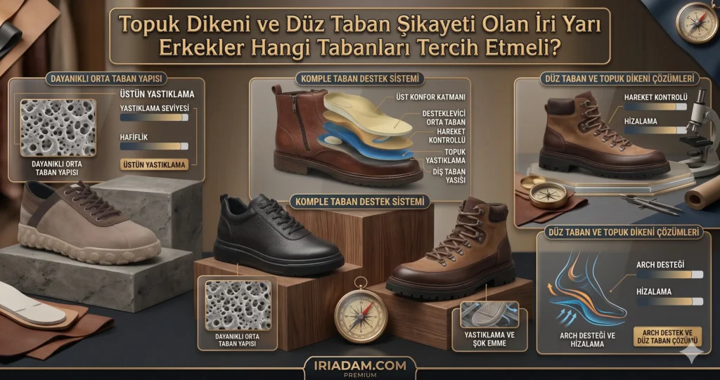 Topuk dikeni ve düz taban şikayeti olan iri yarı erkekler için özel üretilmiş, ergonomik ve yumuşak yastıklama tabanlı lüks erkek deri ayakkabısı blog kapak görseli.