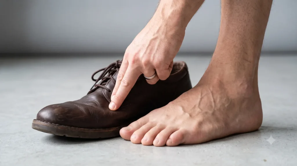 Halluks valgus bulunan erkek ayağı yanında 47 numara geniş burunlu esnek deri ayakkabı